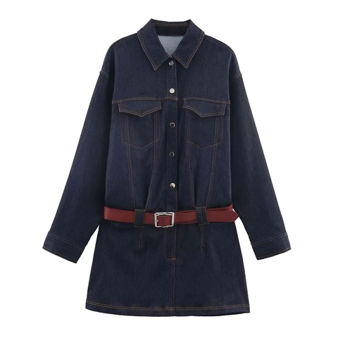 Abito Mini in Denim Blu Scuro Vintage Donna Manica Lunga Colletto a Revers Slim Fit Vestito di Jeans Con Cintura Rossa