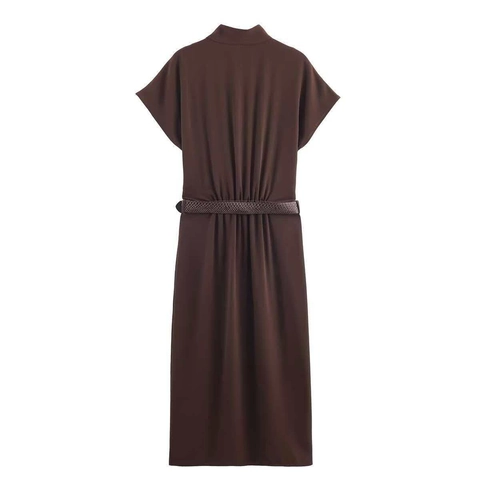Damen Vintage Stehkragen Ärmelloses Maxikleid Mit Gürtel Dunkelkaffee Elegant Büro Pendler Langes Kleid Schlitz Knopf