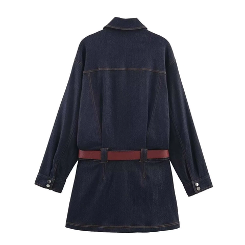 Abito Mini in Denim Blu Scuro Vintage Donna Manica Lunga Colletto a Revers Slim Fit Vestito di Jeans Con Cintura Rossa