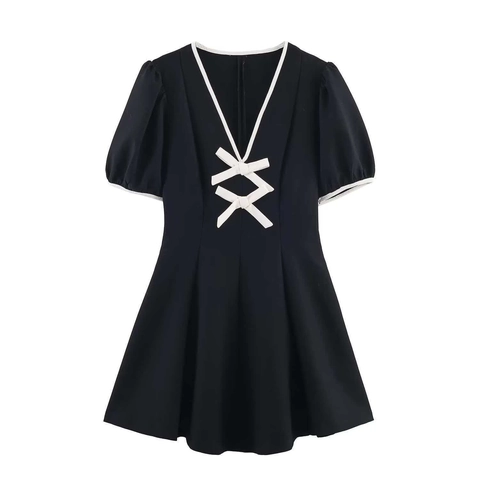Dames V Hals Mini Jurk Met Pofmouw Contrast Strik A Lijn Korte Jurk Elegante Zomer Feestjurk Voor Dames