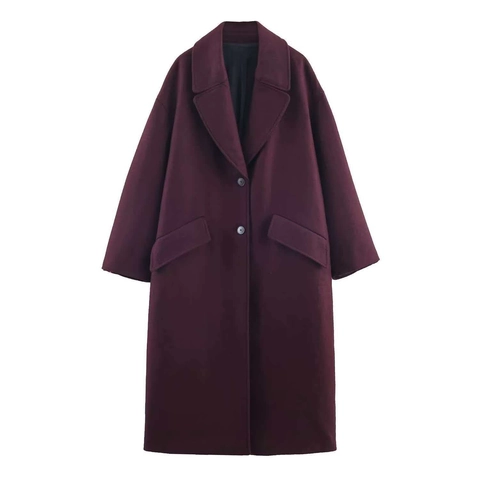 Dames Lange Wollen Jas Elegant Revers Single Breasted Oversized Bovenkleding Wijnrood Polyester Jas Voor Herfst Winter