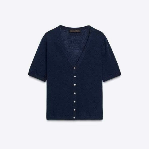 Women V-Neck Short Sleeve Knit Cardigan Single Breasted Navy Blue Summer Casual Elegant Lightweight Ribbed Trim Knitting Top