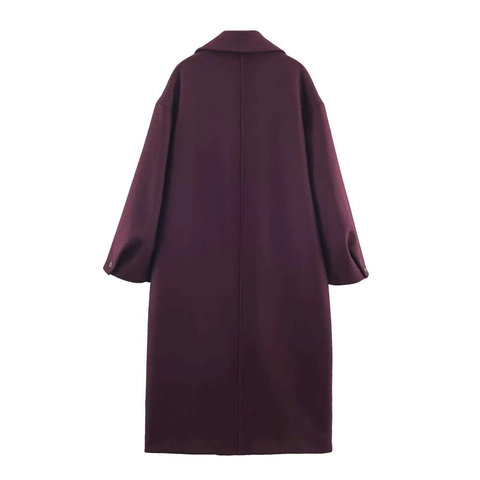 Dames Lange Wollen Jas Elegant Revers Single Breasted Oversized Bovenkleding Wijnrood Polyester Jas Voor Herfst Winter