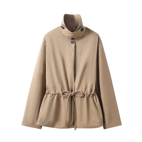 Gabardina Corta para Mujer Cuello Alto Cintura Ajustable con Cordón Estilo Parka Caqui Chaqueta Cortavientos Tejida