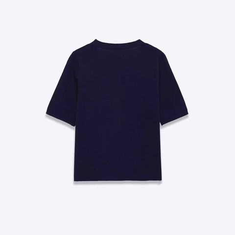 Women V-Neck Short Sleeve Knit Cardigan Single Breasted Navy Blue Summer Casual Elegant Lightweight Ribbed Trim Knitting Top