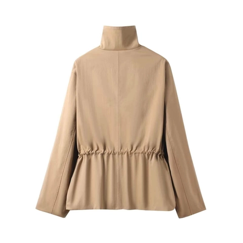 Gabardina Corta para Mujer Cuello Alto Cintura Ajustable con Cordón Estilo Parka Caqui Chaqueta Cortavientos Tejida