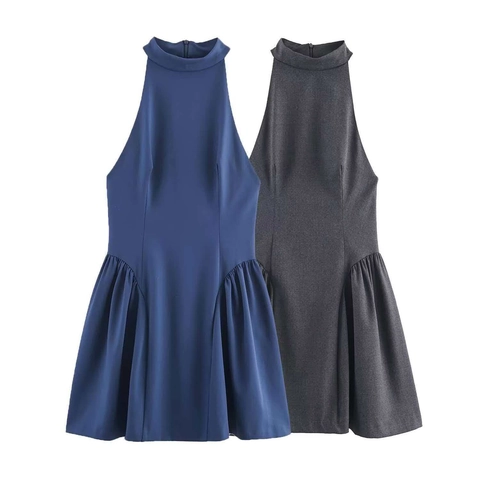 Damen Neckholder Rückenfrei Mini Kleid Ärmellos Plissee A-Linie Kurzes Kleid Sommer Mode Elegant Party Clubwear Kleid