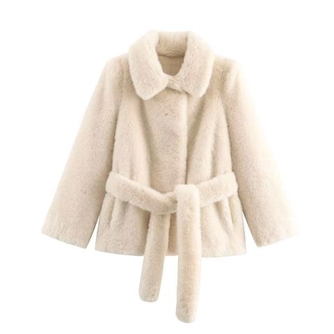 Women's Elegant Mid-Length Faux Fur Coat With Belt Autumn Winter Warm Fluffy Jacket Solid Color V-Neck Outwear