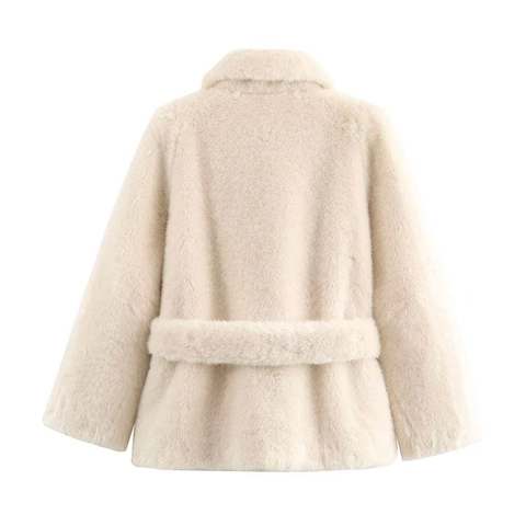 Women's Elegant Mid-Length Faux Fur Coat With Belt Autumn Winter Warm Fluffy Jacket Solid Color V-Neck Outwear