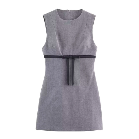 Damen Mode Ärmellos Schleife Minikleid Rundhals Schlanke Passform Elegant Büro Pendler Einfarbig Grau Patchwork Kleid