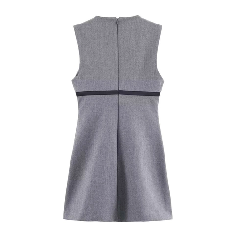 Damen Mode Ärmellos Schleife Minikleid Rundhals Schlanke Passform Elegant Büro Pendler Einfarbig Grau Patchwork Kleid