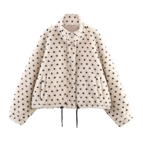 Women Polka Dot Sherpa Fleece Jacket Stand Collar Full Zip Casual Loose Warm Coat With Pockets And Drawstring Hem Polka Dot