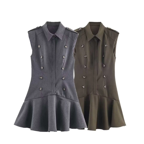 Dames Casual Mouwloze Midi Jurk Met Dubbele Knoppen Retro Militaire Stijl Revers Roffelzoom Effen Kleur Forens Jurk