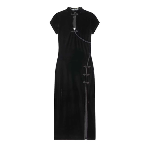 Vintage Schwarzes Samt Midi Kleid Retro Stehkragen Posamentenverschluss Kurzarm Schlanke Passform Hoher Schlitz Modifiziertes Cheongsam Damen Kleid