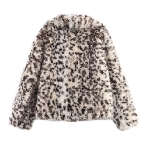 Giacca da Donna alla Moda con Stampa Leopardata in Pelliccia Sintetica Invernale Calda Spessa con Colletto a Revers