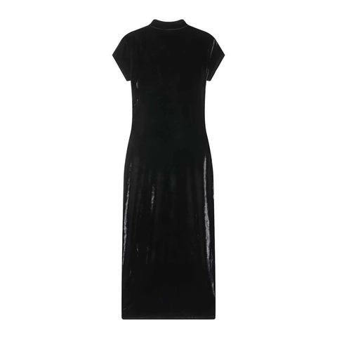 Vintage Schwarzes Samt Midi Kleid Retro Stehkragen Posamentenverschluss Kurzarm Schlanke Passform Hoher Schlitz Modifiziertes Cheongsam Damen Kleid