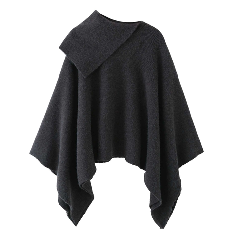 Poncho in Maglia da Donna Con Collo Asimmetrico a Bavero Maniche a Pipistrello Top Largo Lungo Avvolgente Per Autunno Inverno Grigio Scuro