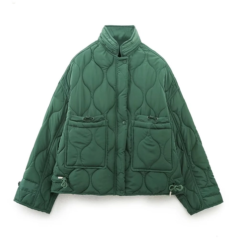 Women Casual Diamond Quilted Cotton Padded Jacket Stand Collar Drawstring Pocket Winter Lightweight Warm Coat For Ladies