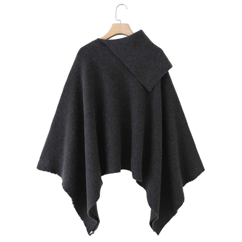 Poncho in Maglia da Donna Con Collo Asimmetrico a Bavero Maniche a Pipistrello Top Largo Lungo Avvolgente Per Autunno Inverno Grigio Scuro