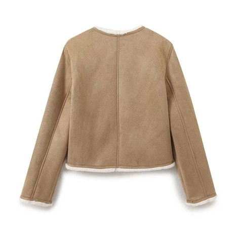 Giacca da Donna in Finta Pelle Scamosciata Girocollo Con Finto Montone a Contrasto Monopetto Caldo Capospalla Invernale Cappotto Corto Casual