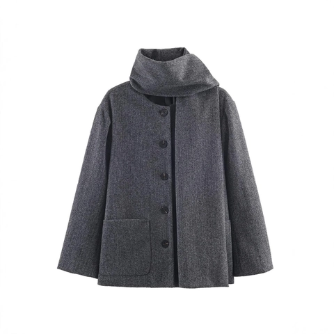 Women's Vintage Polyester Woolen Texture Coat Scarf Collar Single Breasted Loose Mid Length Jacket With Pockets Outwear