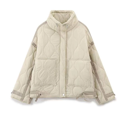 Women's Quilted Puffer Jacket Stand Collar Contrast Webbing Casual Loose Winter Outerwear Coat For Women Milk White