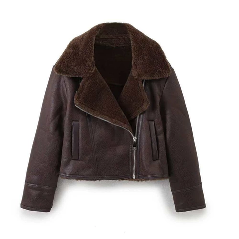 Damen Retro Lammfellimitat Moto Jacke Winter Warm Dick Fleece Gefüttert Doppelseitig Kurz Biker Mantel Mit Reißverschluss