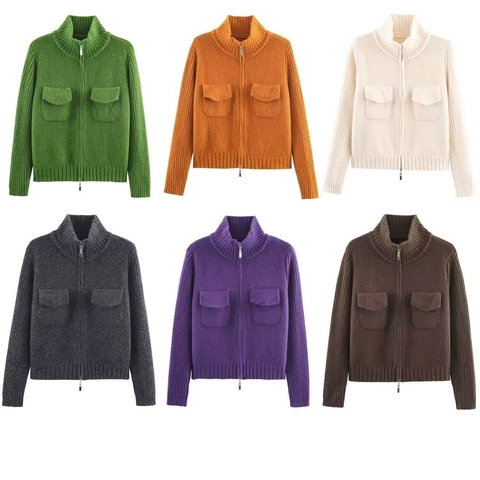 Giacca Cardigan in Maglia con Doppia Cerniera da Donna Colletto alla Coreana Maglione Tinta Unita con Tasche Autunno Inverno