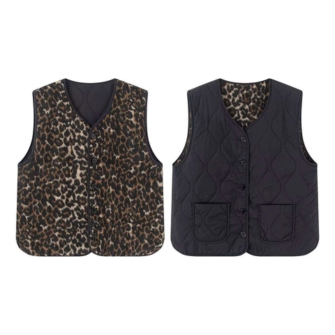 Damen Wendbare Steppweste Leopardenmuster Schwarz V-Ausschnitt Ärmellose Jacke Wattiertes Gilet Lässig Winter Oberbekleidung