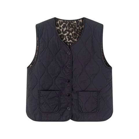 Damen Wendbare Steppweste Leopardenmuster Schwarz V-Ausschnitt Ärmellose Jacke Wattiertes Gilet Lässig Winter Oberbekleidung