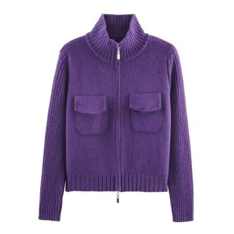 Giacca Cardigan in Maglia con Doppia Cerniera da Donna Colletto alla Coreana Maglione Tinta Unita con Tasche Autunno Inverno