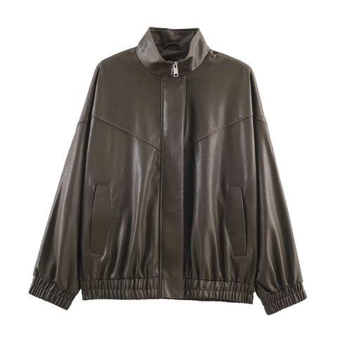Damen Casual Kunstlederjacke Stehkragen Reißverschluss Tasche Lockerer Fliegerjacke Einfarbig Streetwear Außenbekleidung Mantel Damen