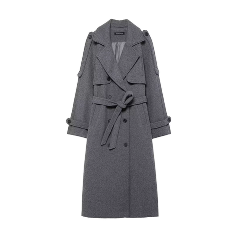 Dames Vintage Lange Double Breasted Jas In Wollen Look Met Riem Effen Kleur Reverskraag Herfst Winter Elegante Overjas