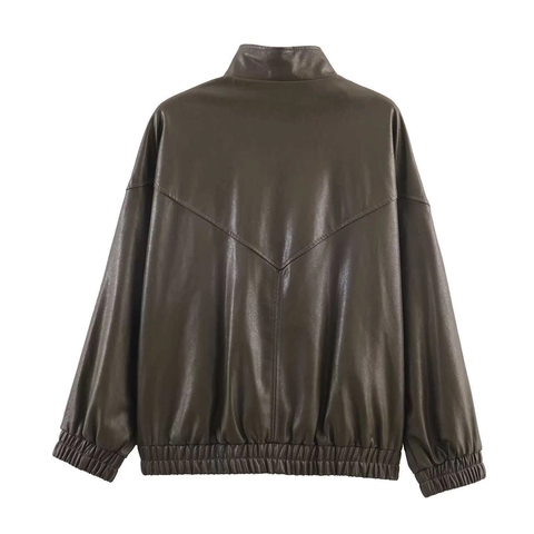 Damen Casual Kunstlederjacke Stehkragen Reißverschluss Tasche Lockerer Fliegerjacke Einfarbig Streetwear Außenbekleidung Mantel Damen