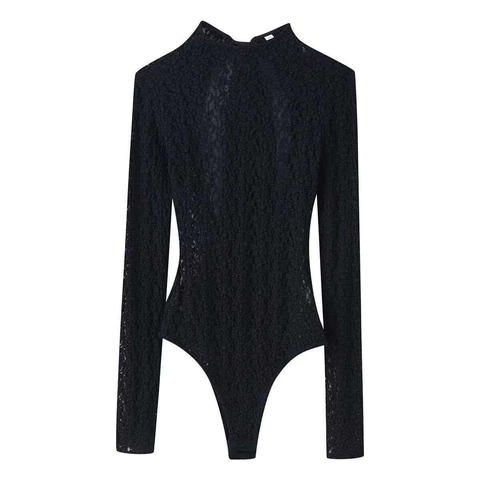 Damen Elegant Schwarz Spitze Bodysuit Langarm Satin Schleife Stehkragen Rückenfrei Sexy Hohl Netz Slim Fit Patchwork Jumpsuit Top