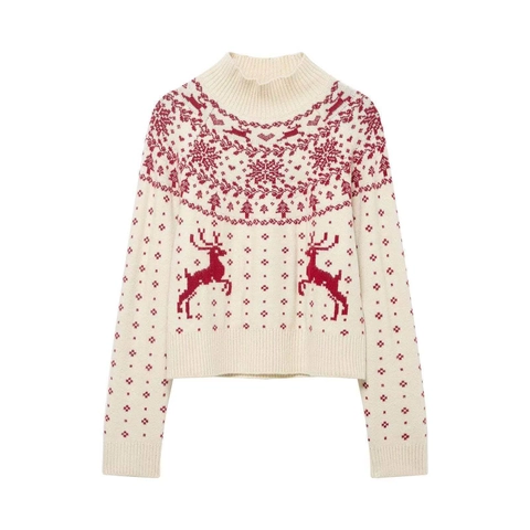 Suéter de Punto de Navidad para Mujer con Jacquard de Reno y Copos de Nieve Cuello Cisne Manga Larga Blanco Rojo Fair Isle Pullover