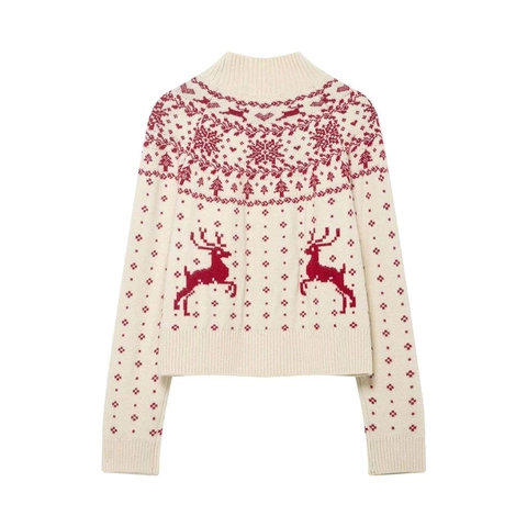 Suéter de Punto de Navidad para Mujer con Jacquard de Reno y Copos de Nieve Cuello Cisne Manga Larga Blanco Rojo Fair Isle Pullover
