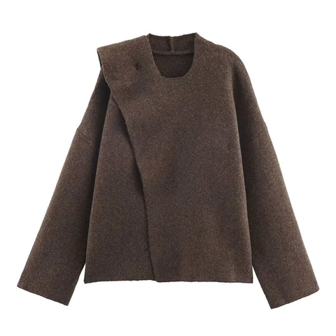 Pull en Tricot Ample pour Femmes avec Col Écharpe Pull à Manches Longues Asymétrique Doux Chaud Couleur Unie Café