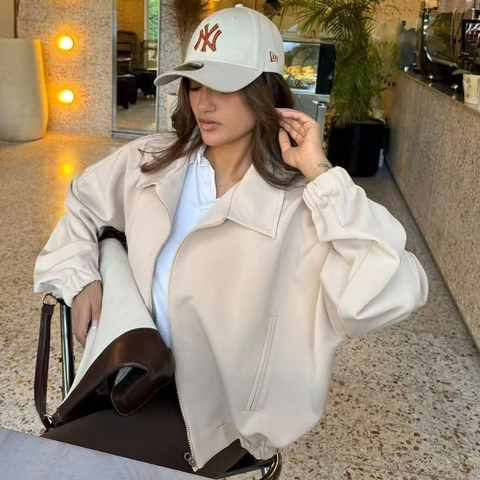 Damen Vintage Kurze Reißverschluss Jacke Polyester Locker Geschnittener Bombermantel Mit Revers Elastischem Saum Für Den Herbst