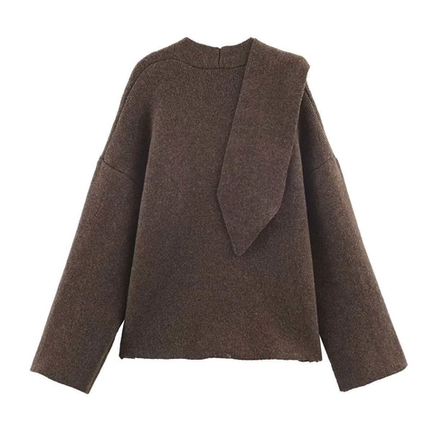 Pull en Tricot Ample pour Femmes avec Col Écharpe Pull à Manches Longues Asymétrique Doux Chaud Couleur Unie Café