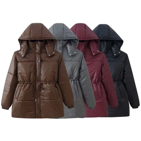 Giacca Trapuntata da Donna di Media Lunghezza Con Cappuccio Cappotto Imbottito Invernale Coulisse Vita Tasche Outwear
