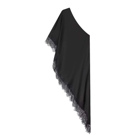 Elegantes Schwarzes Ein-Schulter Acetat-Satin Top Mit Spitze Asymmetrischer Saum Für Damen Sommer Party Abendbluse