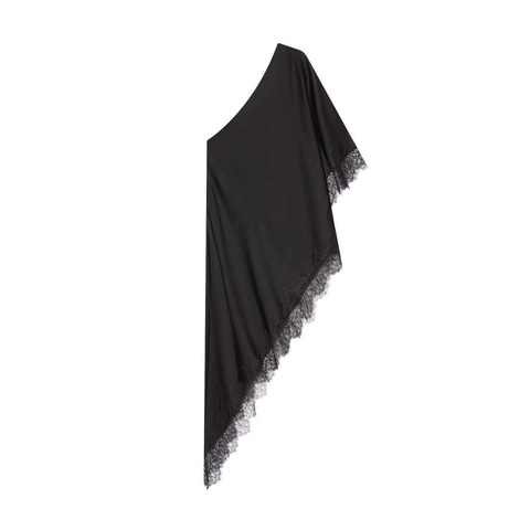 Elegantes Schwarzes Ein-Schulter Acetat-Satin Top Mit Spitze Asymmetrischer Saum Für Damen Sommer Party Abendbluse