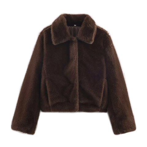 Women Faux Fur Short Jacket Lapel Winter Warm Coat Solid Color Deep Brown Elegant Commuter Outwear Long Sleeve Lady