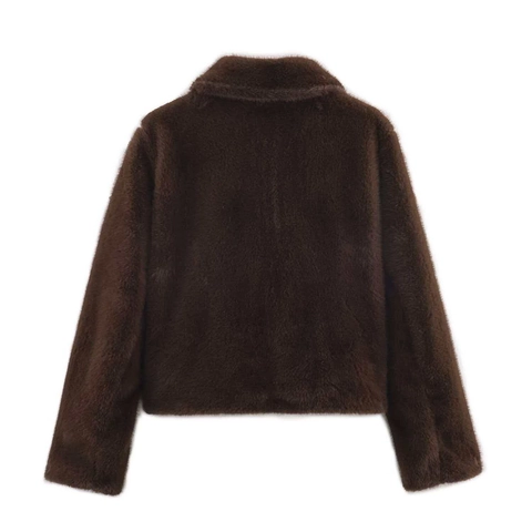 Women Faux Fur Short Jacket Lapel Winter Warm Coat Solid Color Deep Brown Elegant Commuter Outwear Long Sleeve Lady