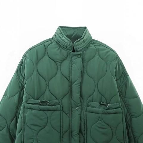 Women Casual Diamond Quilted Cotton Padded Jacket Stand Collar Drawstring Pocket Winter Lightweight Warm Coat For Ladies