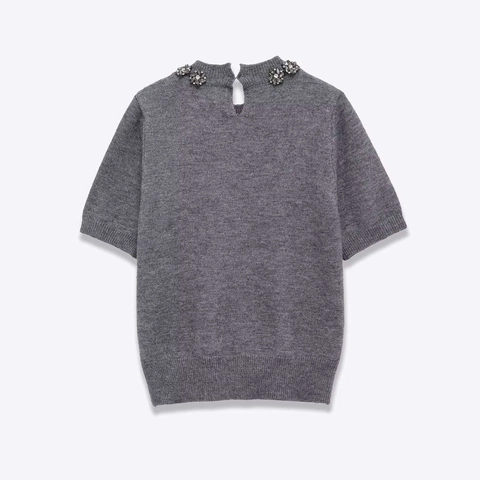 Women Elegant Grey Round Neck Short Sleeve Knit Sweater With Floral Rhinestone Beaded Detail Casual Loose Pullover Top
