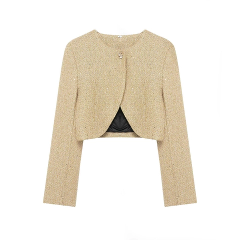 Dames Elegante Champagne Goud Tweed Cropped Jas Ronde Hals Lange Mouw Pailletten Metaaldraad Korte Bovenkleding