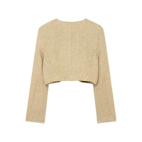 Dames Elegante Champagne Goud Tweed Cropped Jas Ronde Hals Lange Mouw Pailletten Metaaldraad Korte Bovenkleding