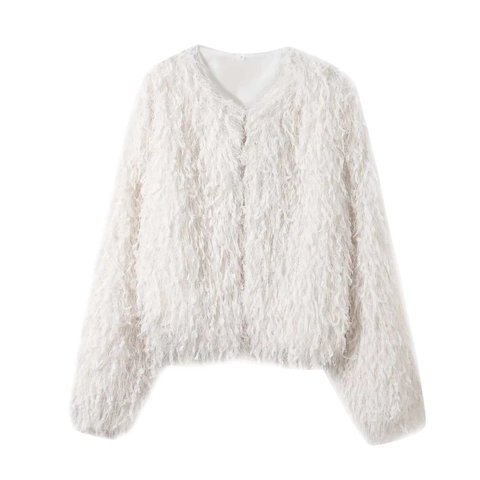 Women's White Faux Fur Fringe Jacket Round Neck Long Sleeve Cardigan Elegant Solid Color Fluffy Short Coat For Women